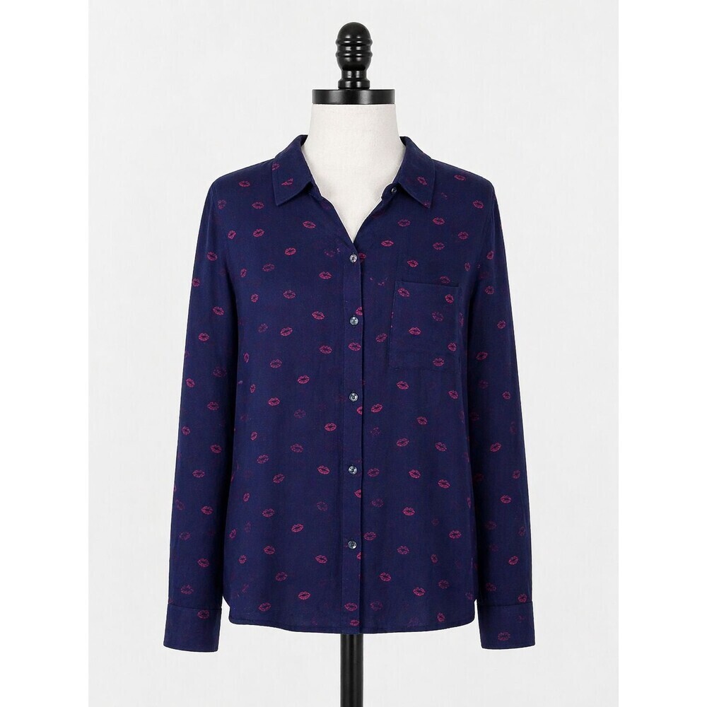 Rails  Button Down Top Size Medium Navy Blue Red Lip Print Long Sleeve Bouse